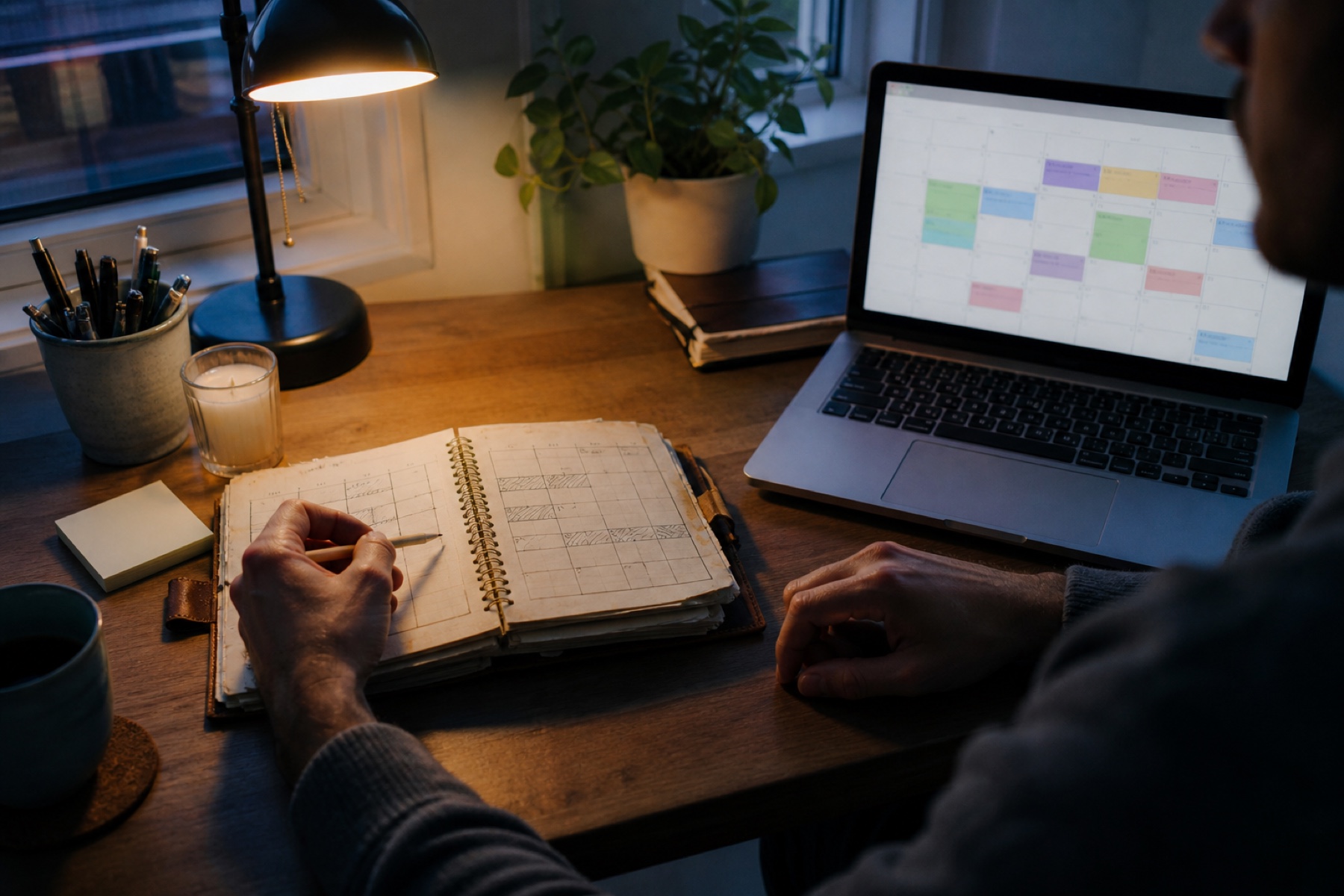 Paper planner beside a connected digital turnover calendar
