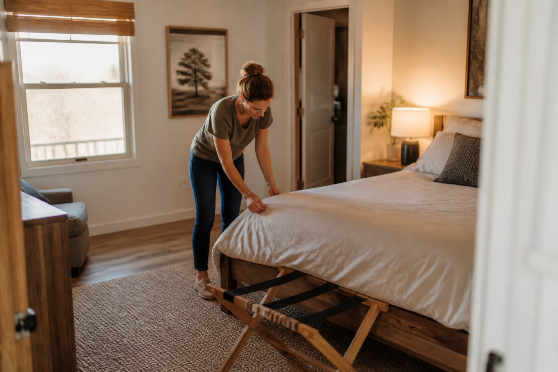Property owner performing a final guest-ready bedroom inspection