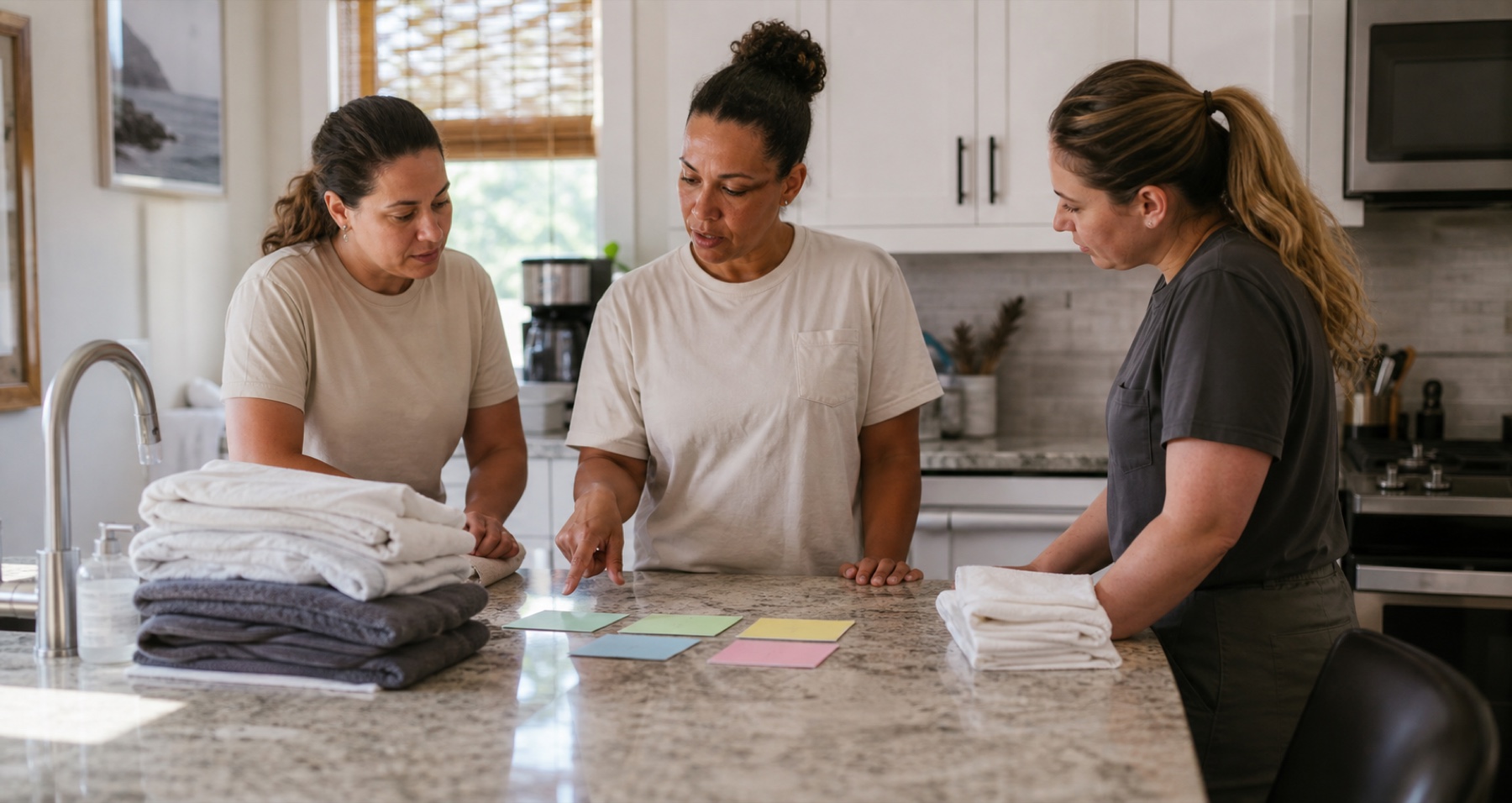 Three-person cleaning crew coordinating assignments around a kitchen island