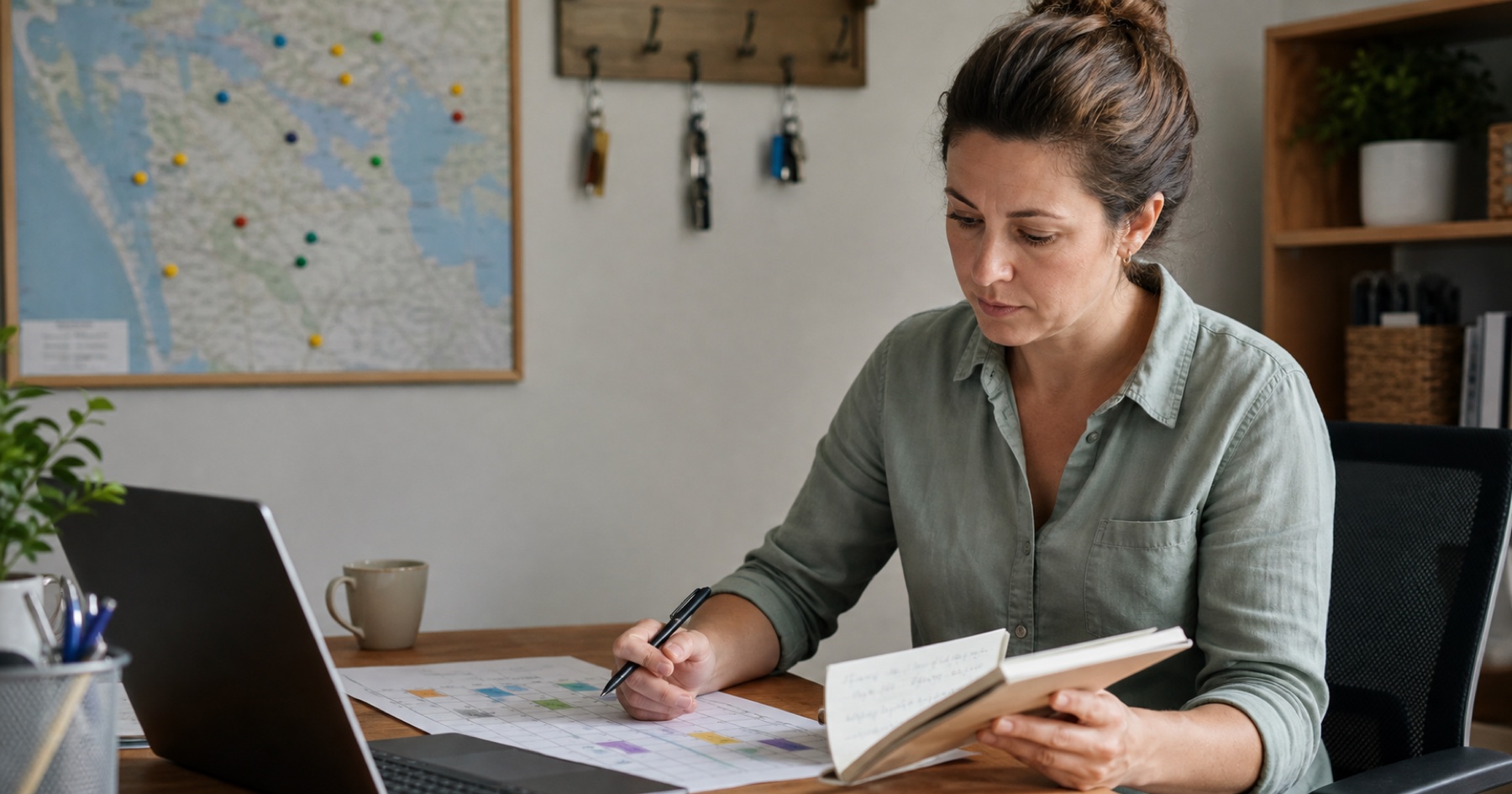 Vacation-rental property manager coordinating a portfolio from a working office