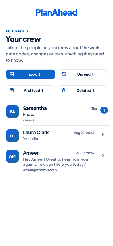 Current PlanAhead crew messaging inbox