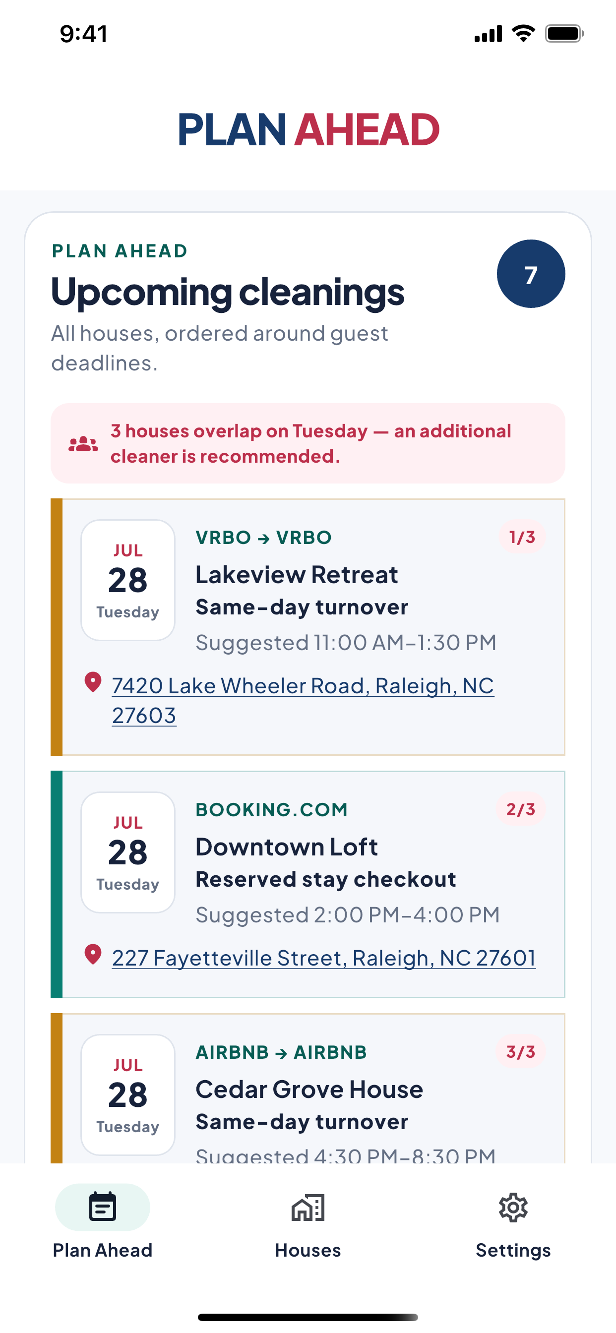 PlanAhead schedule showing upcoming cleaning turnovers
