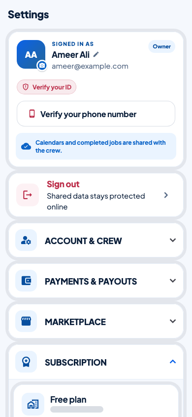 Current PlanAhead account, crew, payment, marketplace, and subscription settings